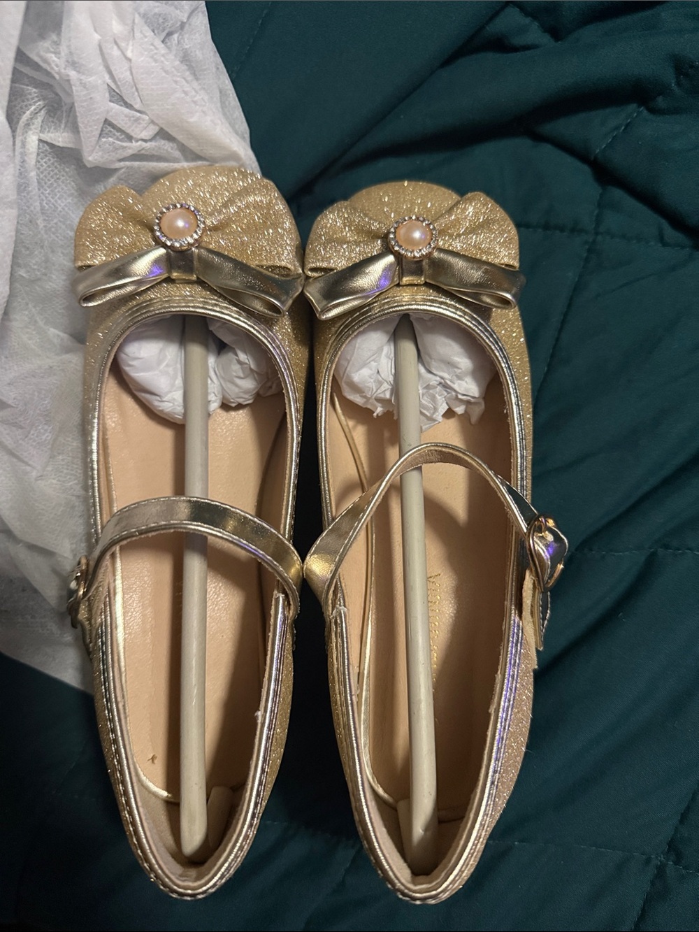 Girls' Gold Mary Jane Dress Shoes with Bow